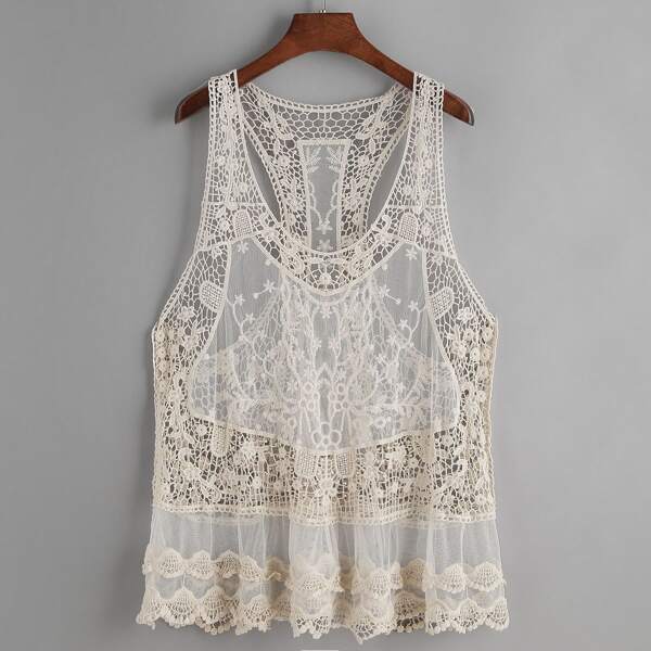 

Beige Hollow Out Crochet Lace Tank Top