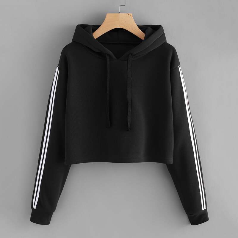 

Stripe Contrast Sleeve Crop Hoodie, Black