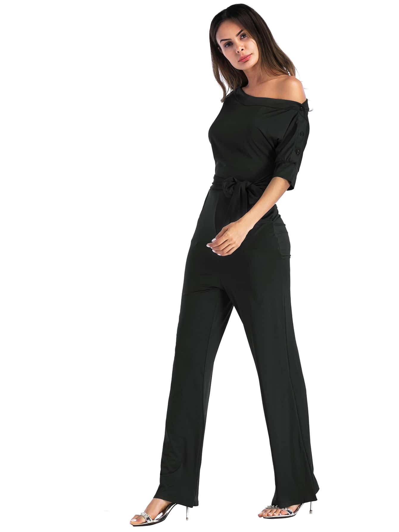 one shoulder tie waist jumpsuit