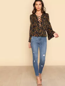 SHEIN Lantern Sleeve Lace Up Plunge Neck Floral Top - Multicolor - View 6