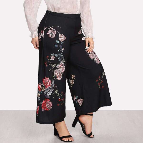 

Plus Botanical Print Wide Leg Pants, Black