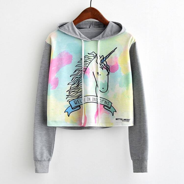 

Unicorn Graphic Contrast Sleeve Hoodie, Multicolor