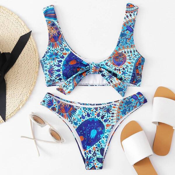 

Mixed Print Knot Front Bikini Set, Multicolor