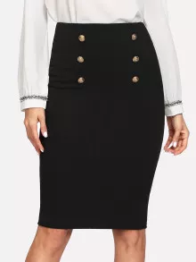SHEIN Clasi Double Button Pencil Skirt - Black - View 4