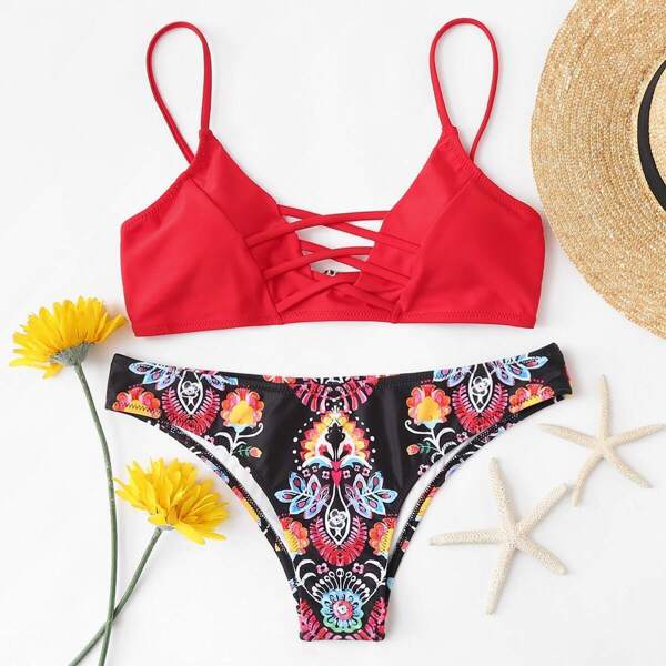 

Crisscross Front Top With Graphic Print Bikini Set