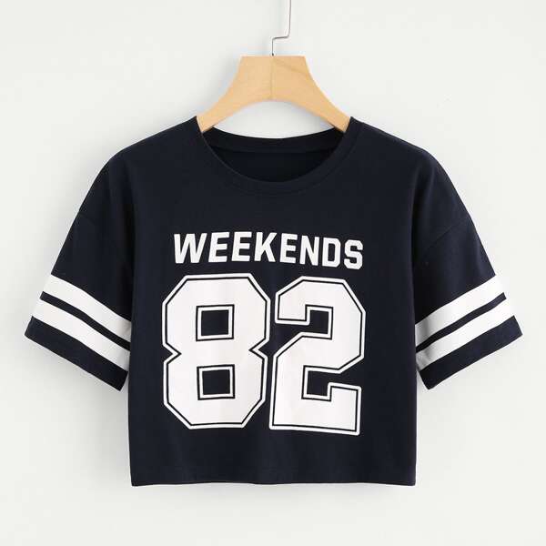 

Number Graphic Varsity Striped Crop Tee, Navy