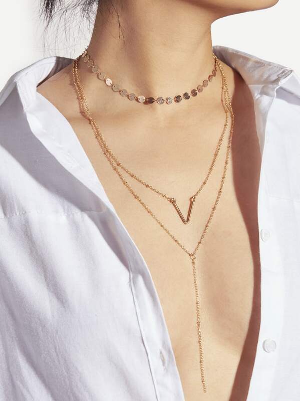 

Letter V & Sequin Detail Layered Chain Necklace, Gold