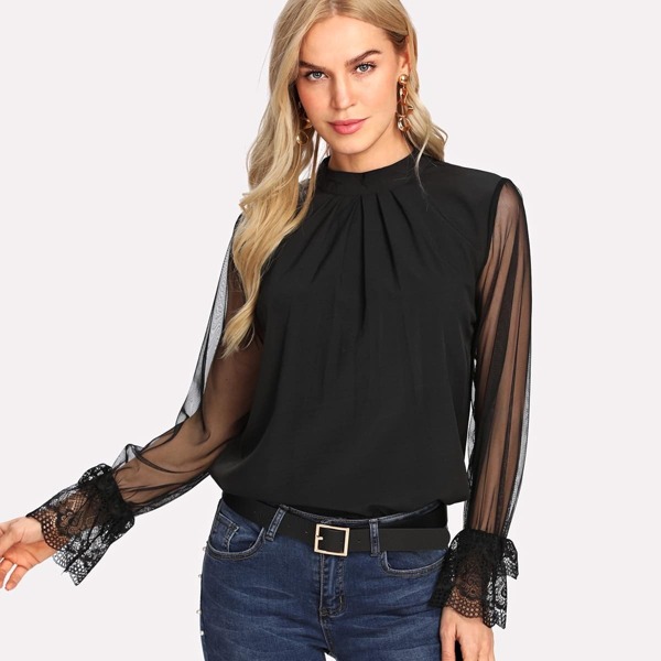 

Mock Neck Mesh Sleeve Gathered Neck Top