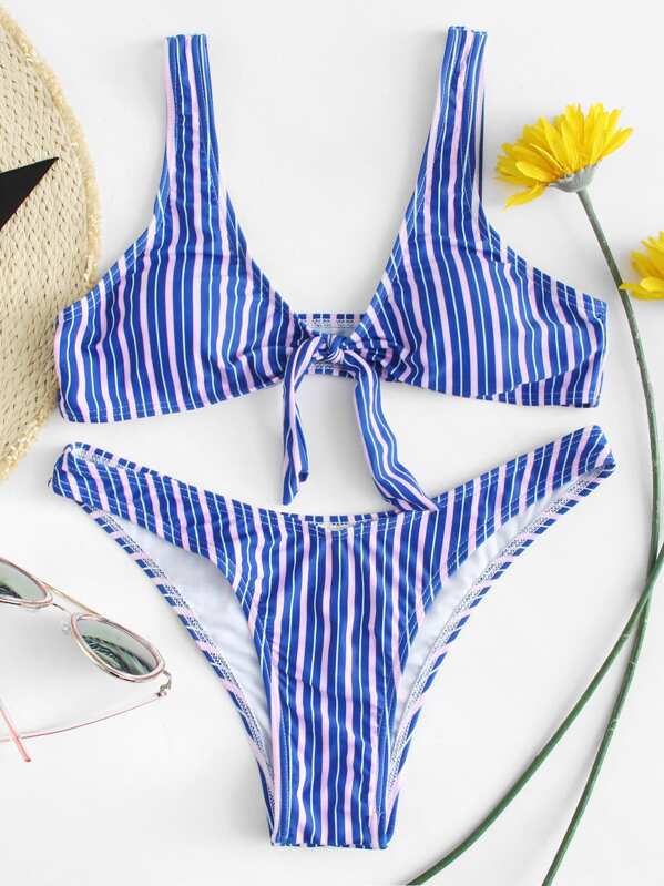 

Striped Tie Front Top With High Leg Bikini, Blue