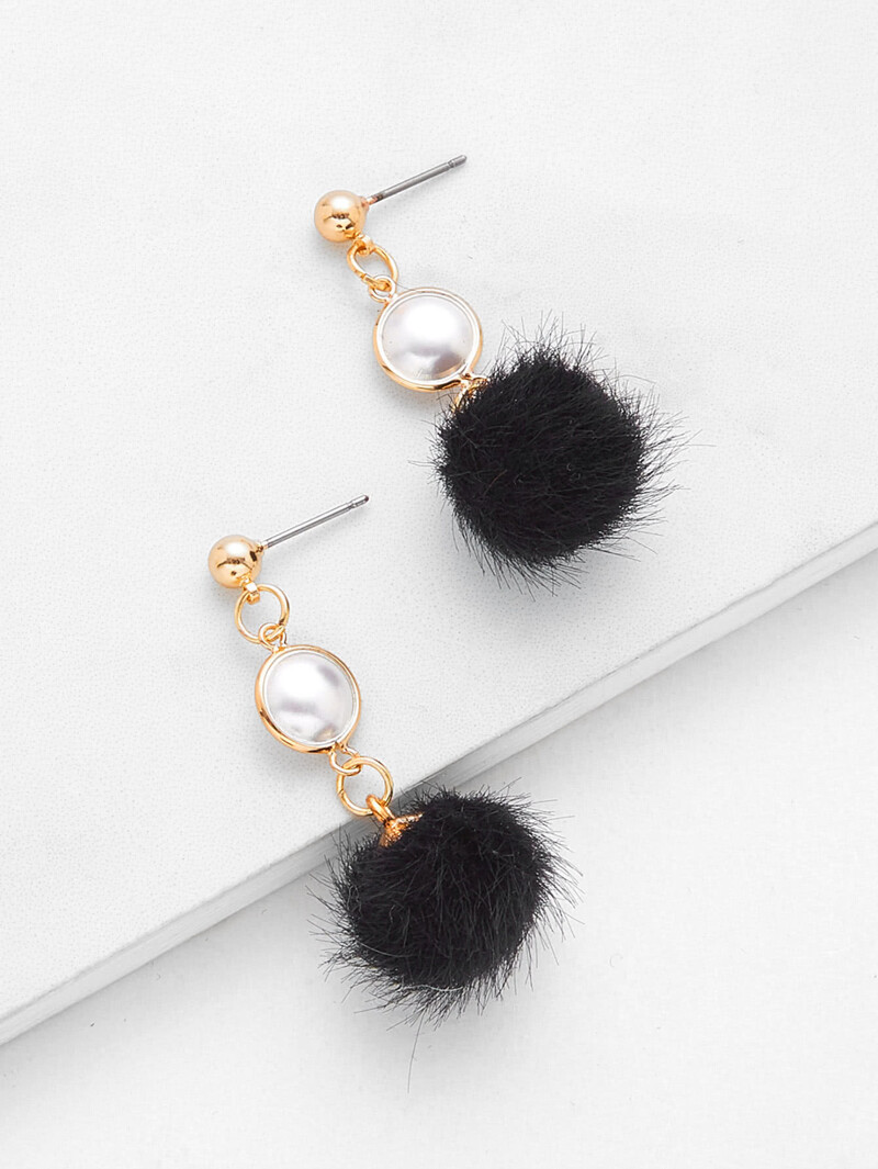 

Pom Pom Drop Earrings With Faux Pearl, Black