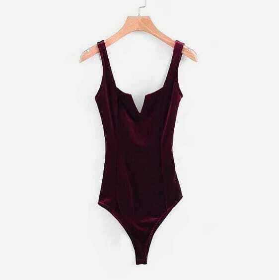 

V Neckline Velvet Bodysuit, Burgundy