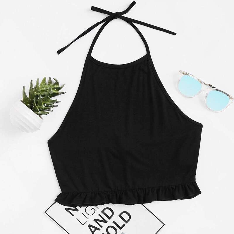 

Ruffle Hem Halter Top, Black