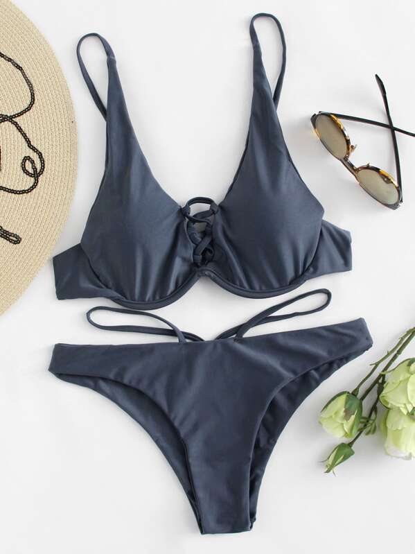 

Underwire Criss Cross Top With Low Rise Bikini Set, Grey