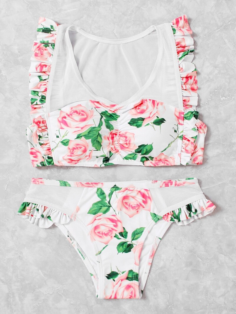 

Flower Print Ruffle Bikini Set, Multicolor