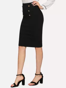 SHEIN Clasi Double Button Pencil Skirt - Black - View 6