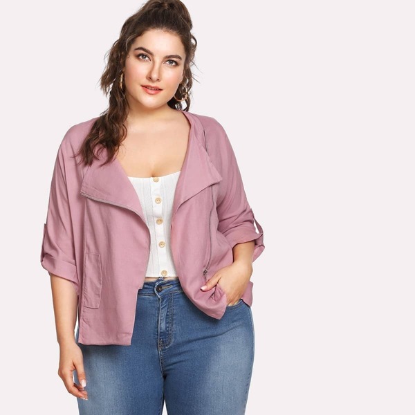 

Plus Oblique Zipper Dolphin Hem Jacket, Pink