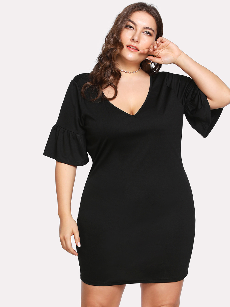 

Plus Flounce Sleeve Solid Dress, Black, Franziska