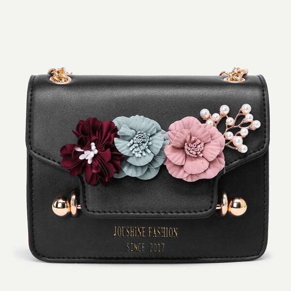 

3D Flower Faux Pearl Detail Chain Bag, Black