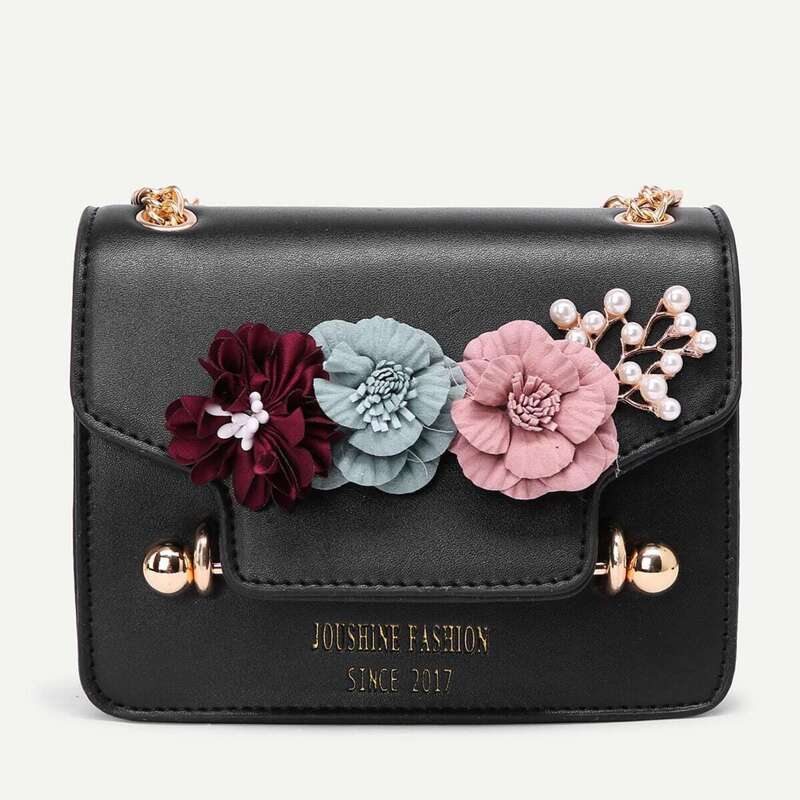 

3D Flower Faux Pearl Detail Chain Bag, Black