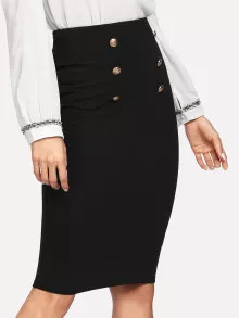 SHEIN Clasi Double Button Pencil Skirt - Black - View 5