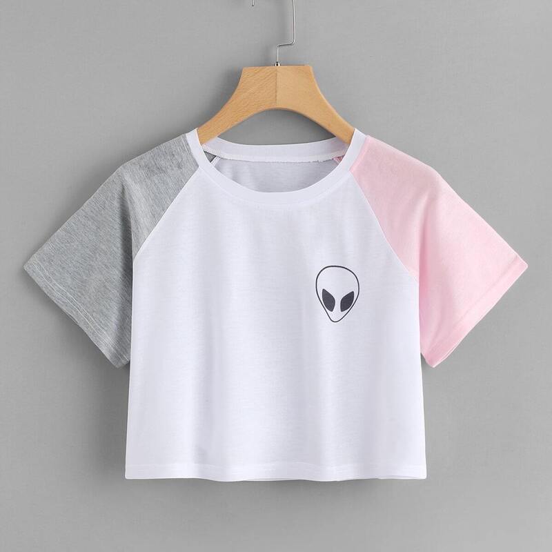 

Alien Print Contrast Sleeve Crop Tee, White