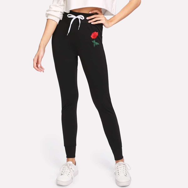 

Rose Appliques Drawstring Skinny Pants, Black