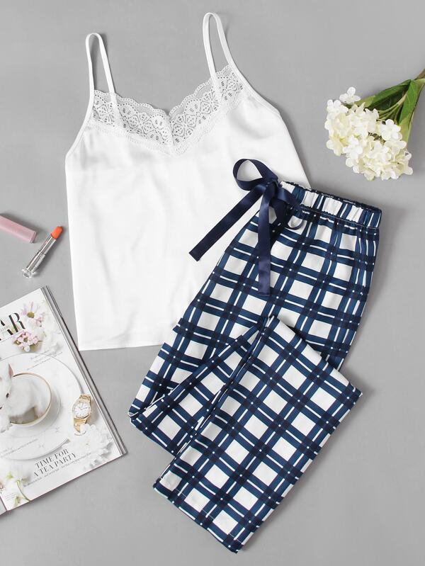 SHEIN Lace Embellished Cami & Plaid Pants Pajama Set SHEIN USA