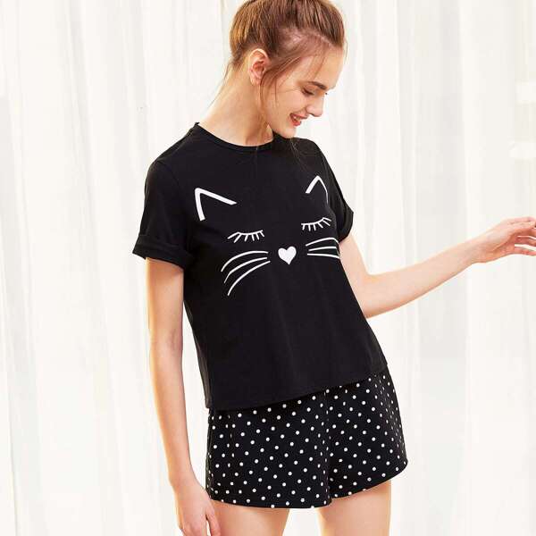 

Cat Print Cuffed Top And Polka Dot Shorts Pajama Set, Black