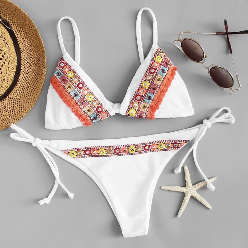 

Embroidered Fringe Top With Self Tie Side Bikini, Multicolor