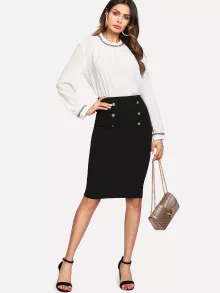SHEIN Clasi Double Button Pencil Skirt - Black - View 3