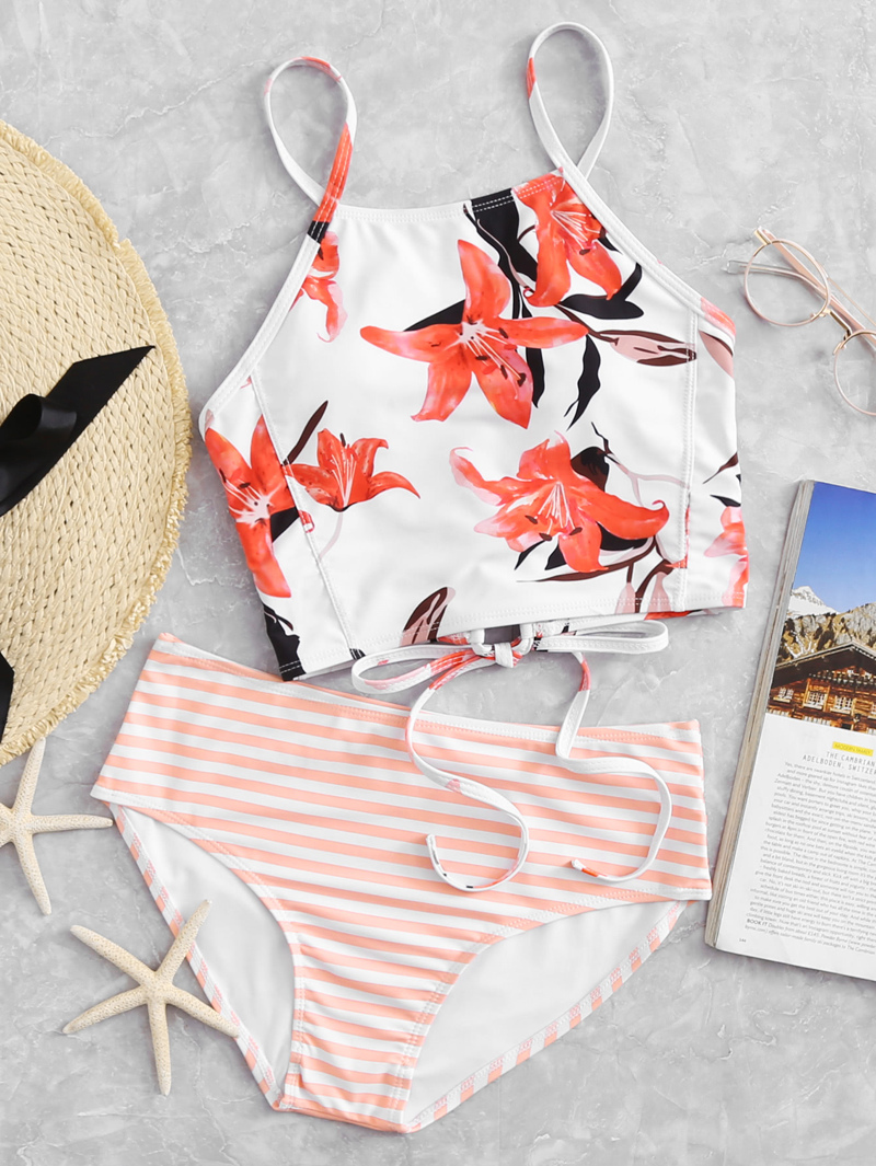 Con Set Bikini Estampado Alto Floral De Cuello v8ymw0ONn