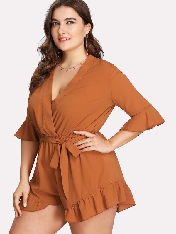 SheIn Women/'s Sleeveless Shirred Ruffle Trim Solid Overall Jumpsuit Romper