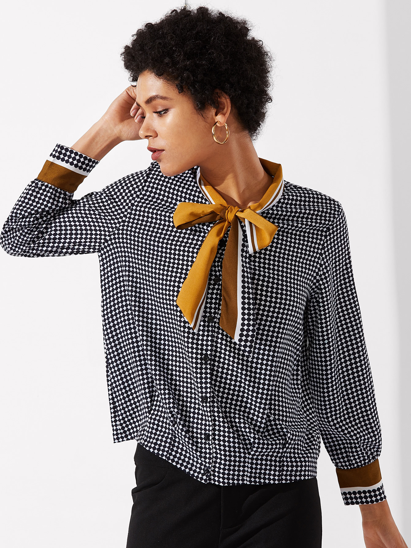 Dot and Stripe Print Grey Blouse