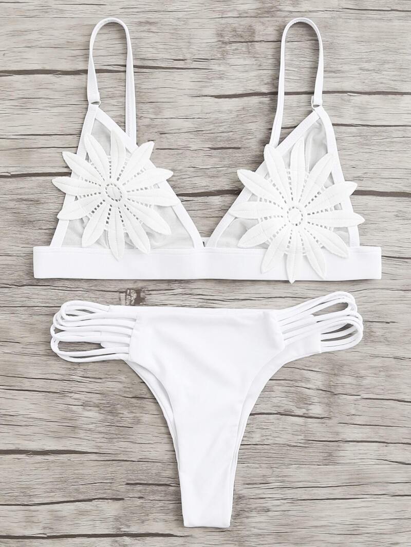 

Applique Ladder Cut Out Bikini Set, White
