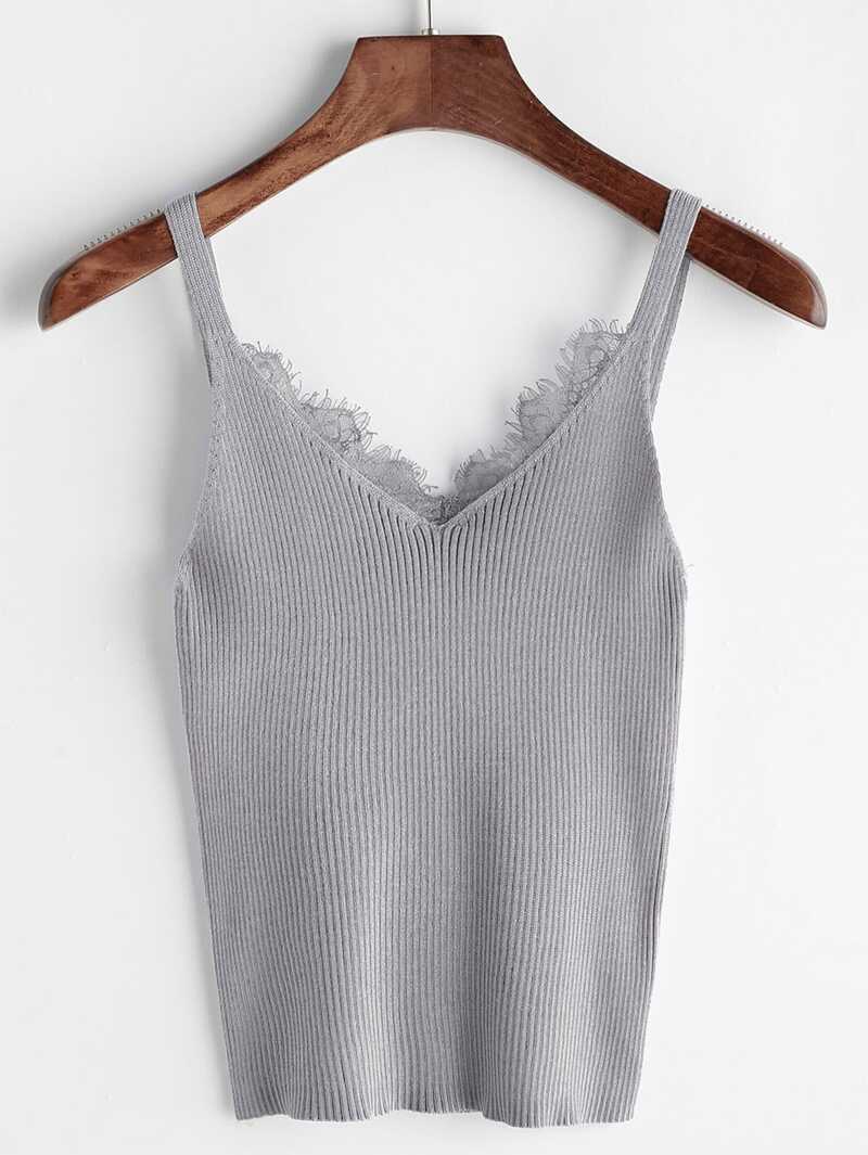 

Eyelash Lace Trim Knit Top, Grey