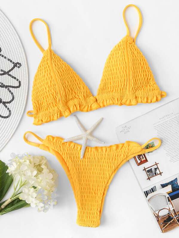 

Frill Thin Straps Top With Wrinkle Tanga Bikini Set, Yellow