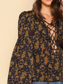 SHEIN Lantern Sleeve Lace Up Plunge Neck Floral Top - Multicolor - View 5
