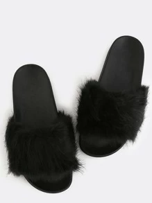 black faux fur sandals