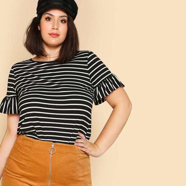 

Plus Ruffle Sleeve Striped T-shirt