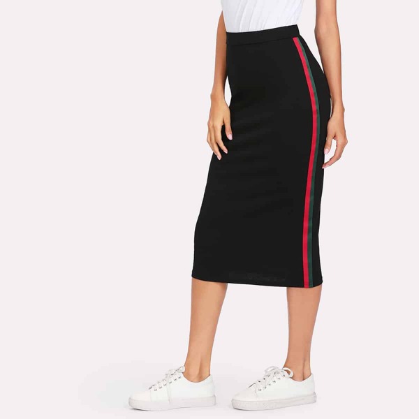 

Striped Tape Side Skirt, Black