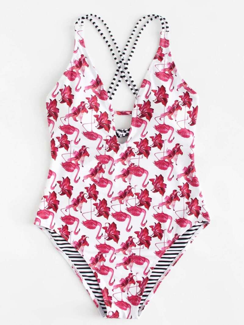 

Flamingo Print Cross Back Swimsuit, Multicolor