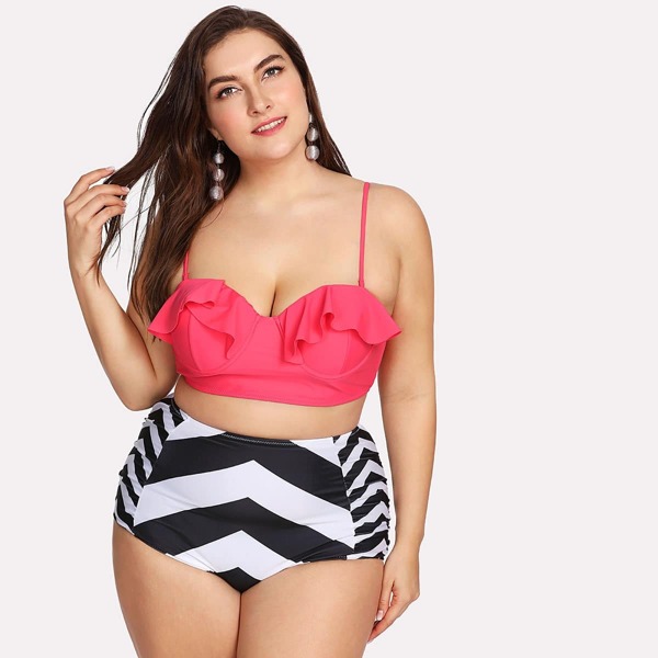 

Plus Ruffle Top With Zigzag High Waist Bikini, Multicolor