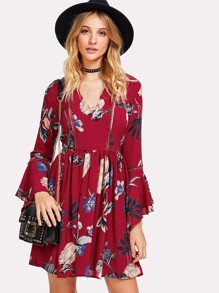 Trumpet Sleeve Dot Lace Insert Smock Dress