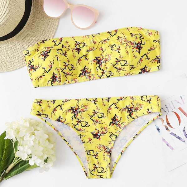 

Calico Print Bandeau With Low Rise Bikini Set