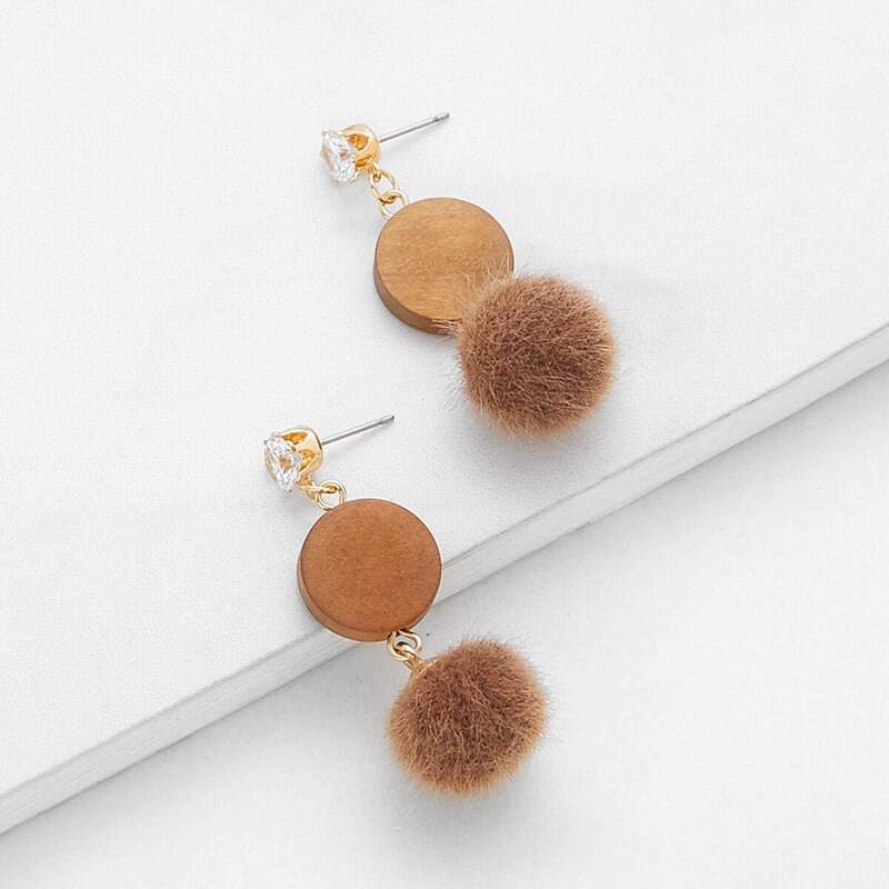 

Rhinestone Top Pom Pom Decorated Drop Earrings 1pair, Coffee