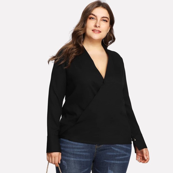 

Plus V Neckline Solid Wrap Blouse
