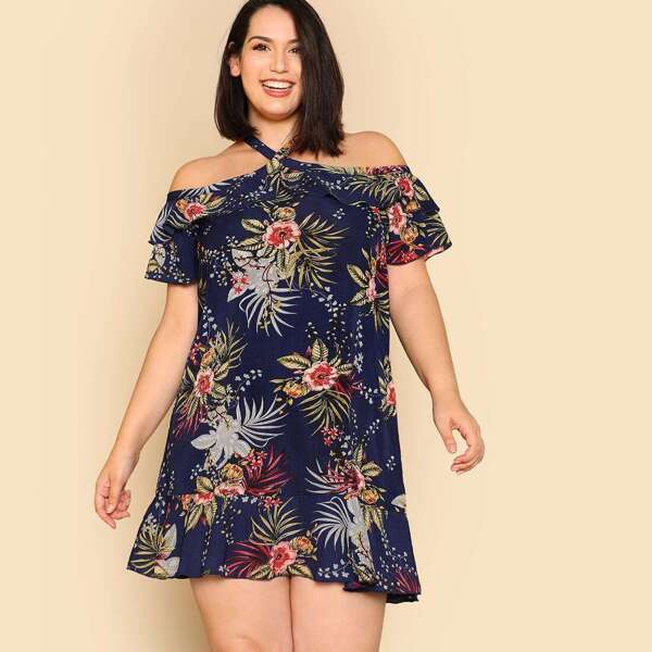 

Plus Tropical Print Crisscross Halter Dress, Multicolor