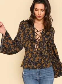 SHEIN Lantern Sleeve Lace Up Plunge Neck Floral Top - Multicolor - View 2