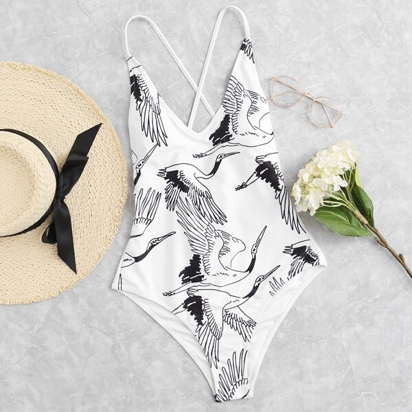 

Crane Print Lace Up Back One Piece Swimwear, Black and white