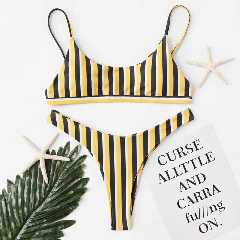 

Striped High Leg Bikini Set, Multicolor